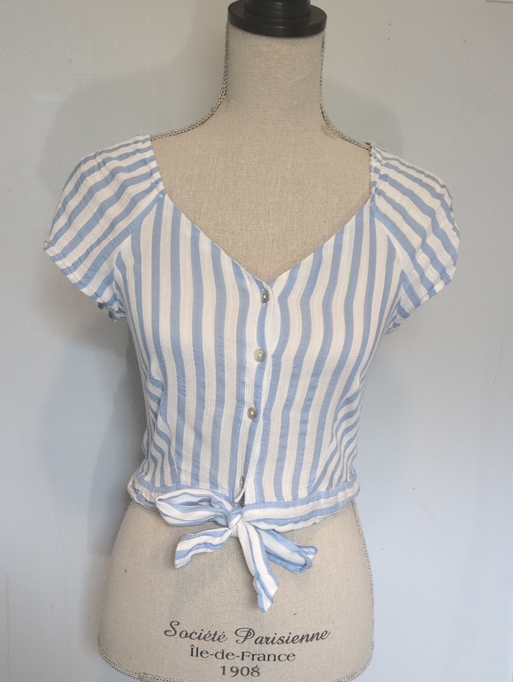 Becel Striped Blue & White Tie-Front Crop Top